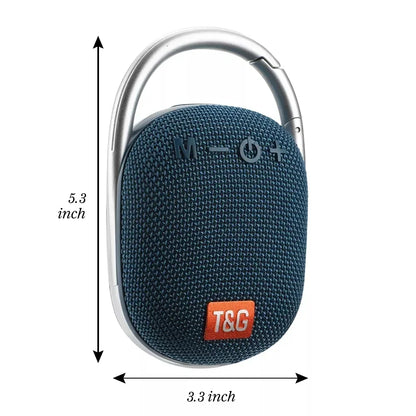 Blue textured fabric tg321 outdoor portable waterproof wireless bluetooth speaker with silver carabiner and orange t&g logo