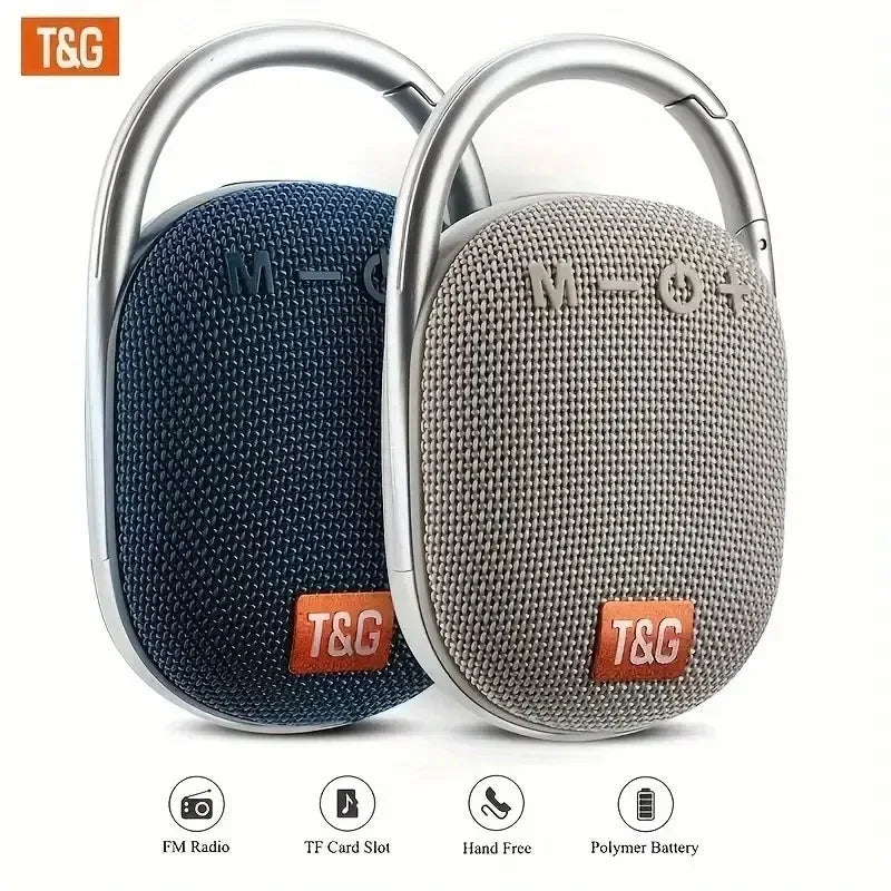 Two tg321 outdoor portable waterproof wireless bluetooth fabric speakers with silver carabiner clips and orange t&g branding