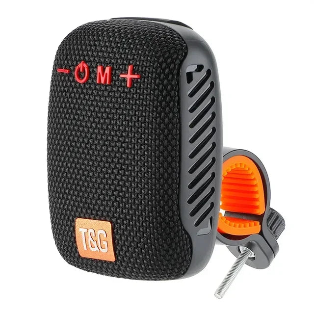 Tg392 outdoor bicycle portable mini bluetooth speaker in black with red buttons and orange mounting bracket