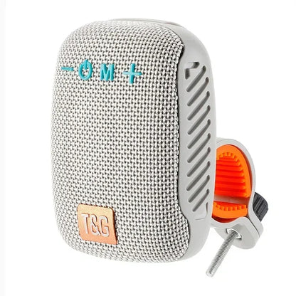 Tg392 outdoor bicycle portable mini bluetooth speaker with gray mesh texture, orange clamp, and turquoise volume buttons