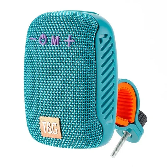 Teal woven-textured tg392 outdoor bicycle bluetooth speaker waterproof with purple volume controls and orange clamp attachment