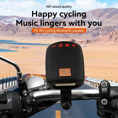 Black textured tg392 outdoor bicycle portable mini bluetooth speaker with red buttons and leather-like brand patch