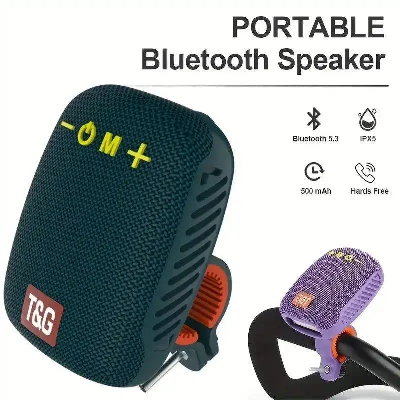 Dark teal textured fabric tg392 outdoor bicycle portable bluetooth speaker with yellow buttons and red-orange bike mount