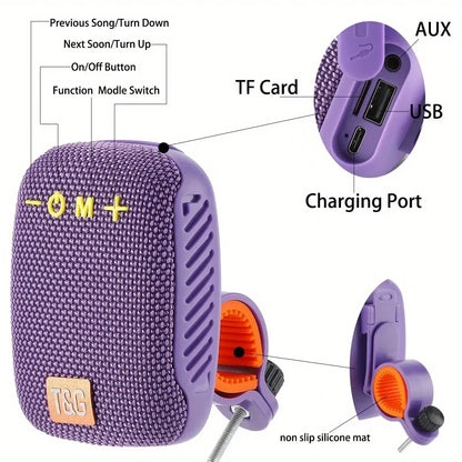 Purple tg392 outdoor bicycle portable mini bluetooth speaker with textured fabric and orange silicone mounting clamp