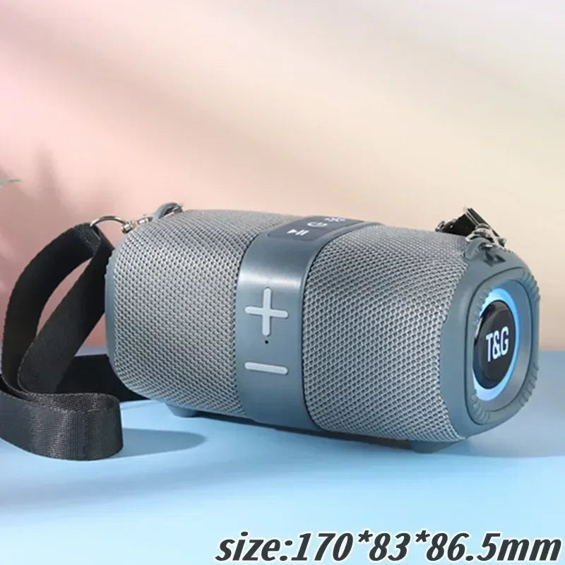 Gray mesh-textured tg667 outdoor protable wireless bluetooth speaker dual with black strap and silver control panel