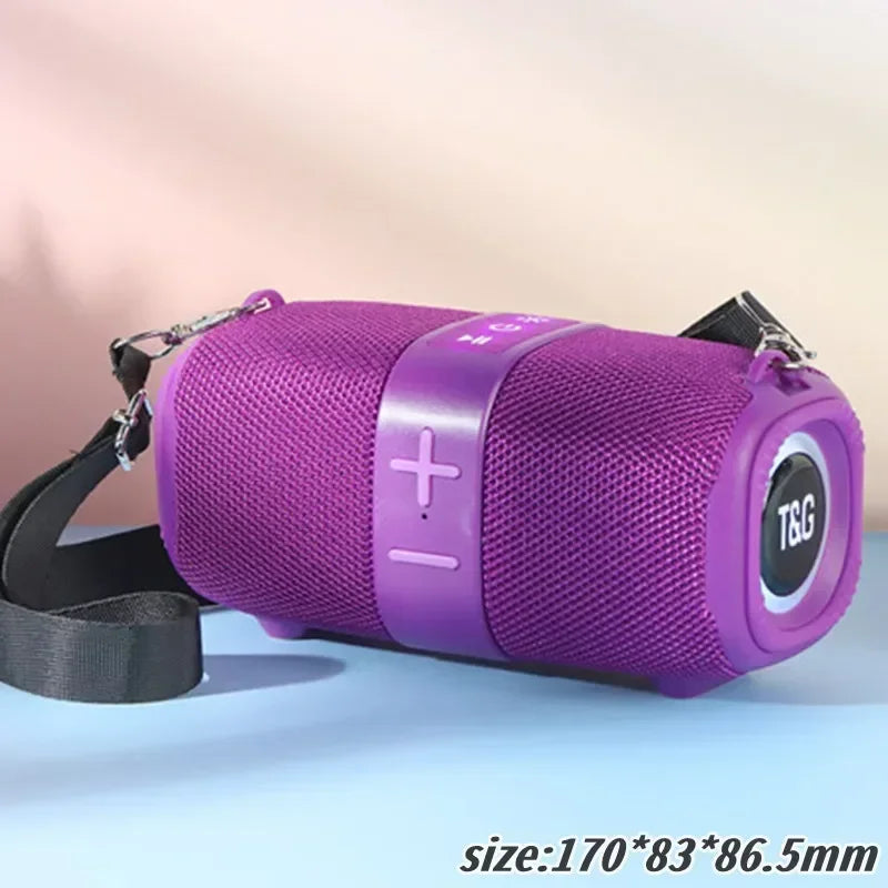 Purple tg667 outdoor protable wireless bluetooth speaker dual with mesh fabric body and black carrying strap