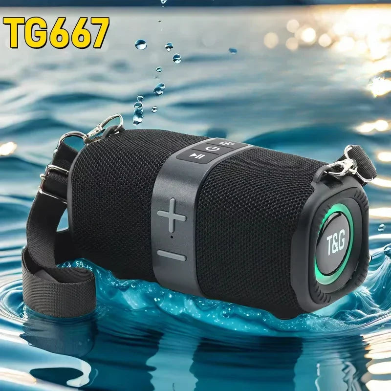 Black tg667 outdoor protable wireless bluetooth speaker dual speaker with textured fabric and glowing green accent