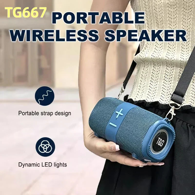 Blue tg667 outdoor protable wireless bluetooth speaker with textured fabric body and matching strap for outdoor use