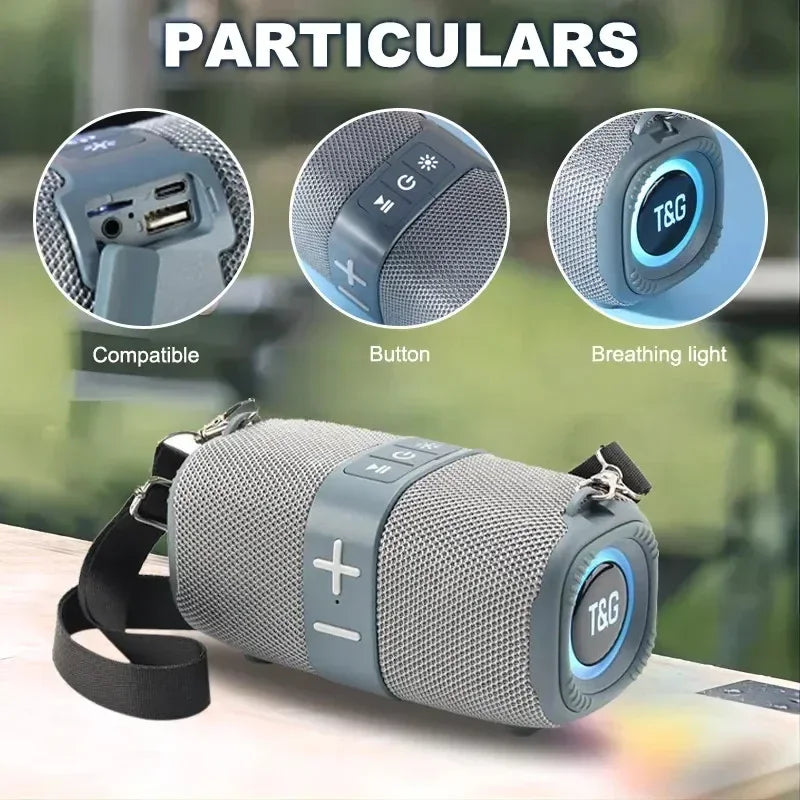 Gray mesh-textured tg667 outdoor protable wireless bluetooth speaker dual with black strap and blue led breathing light