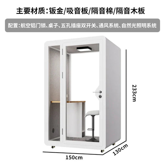 White acoustic privacy booth with glass door, built-in desk and stool for tgf home piano practice recording studio mobile use
