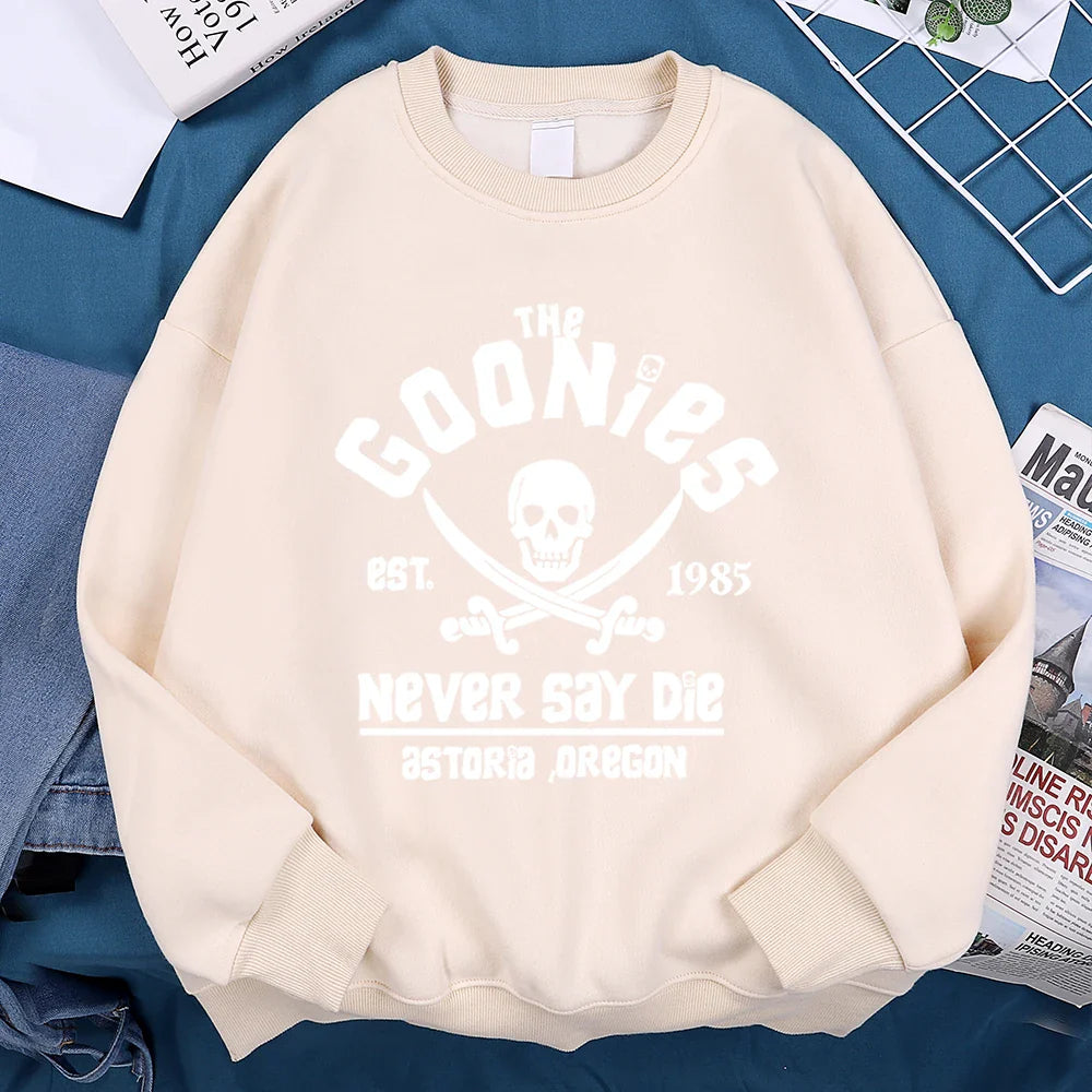 Cream-colored loose fleece sweatshirt featuring a white the goonies graphic for menswear fashion fitness use