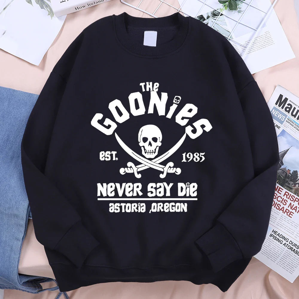 Black long-sleeved fleece sweatshirt with white the goonies graphic skull and swords for menswear fashion fitness