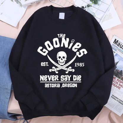 Black long-sleeved fleece sweatshirt with white the goonies graphic skull and swords for menswear fashion fitness