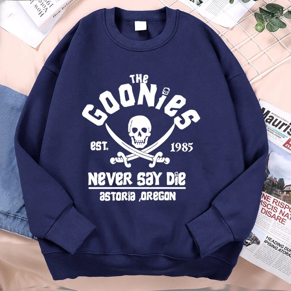 Navy blue loose fleece sweatshirt with white the goonies graphic menswear fashion fitness hoodie crewneck design