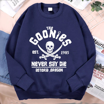 Navy blue loose fleece sweatshirt with white the goonies graphic menswear fashion fitness hoodie crewneck design