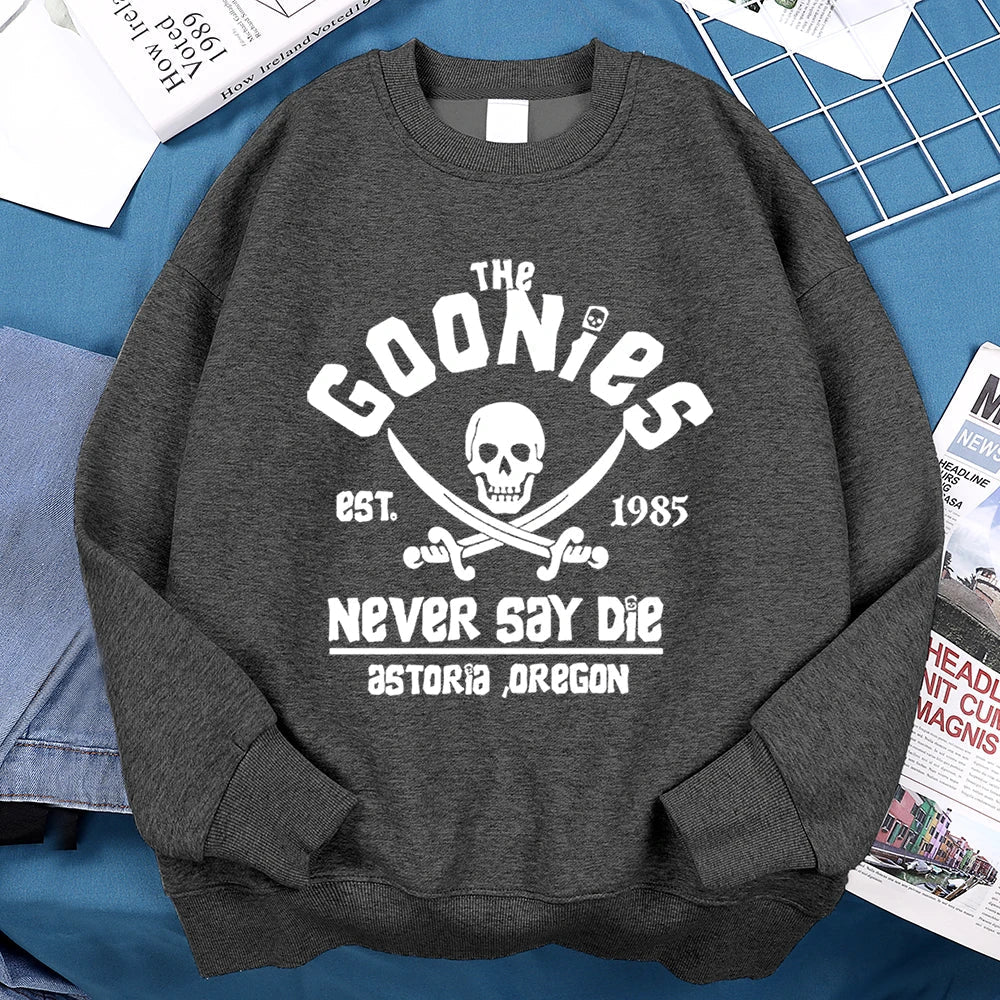 Dark gray crewneck loose fleece sweatshirt with white the goonies graphic for menswear fashion fitness and casual use