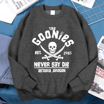 Dark gray crewneck loose fleece sweatshirt with white the goonies graphic for menswear fashion fitness and casual use