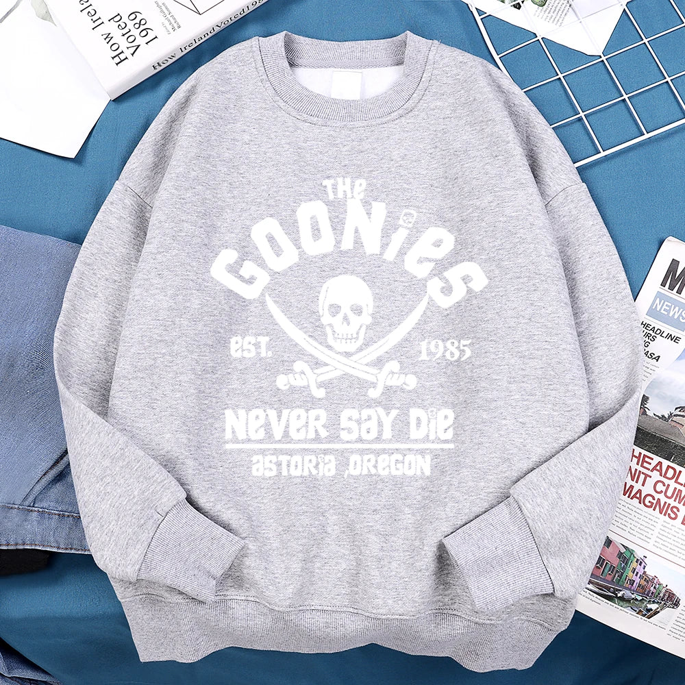 Gray crewneck loose fleece sweatshirt with white the goonies graphic for menswear fashion fitness and casual wear