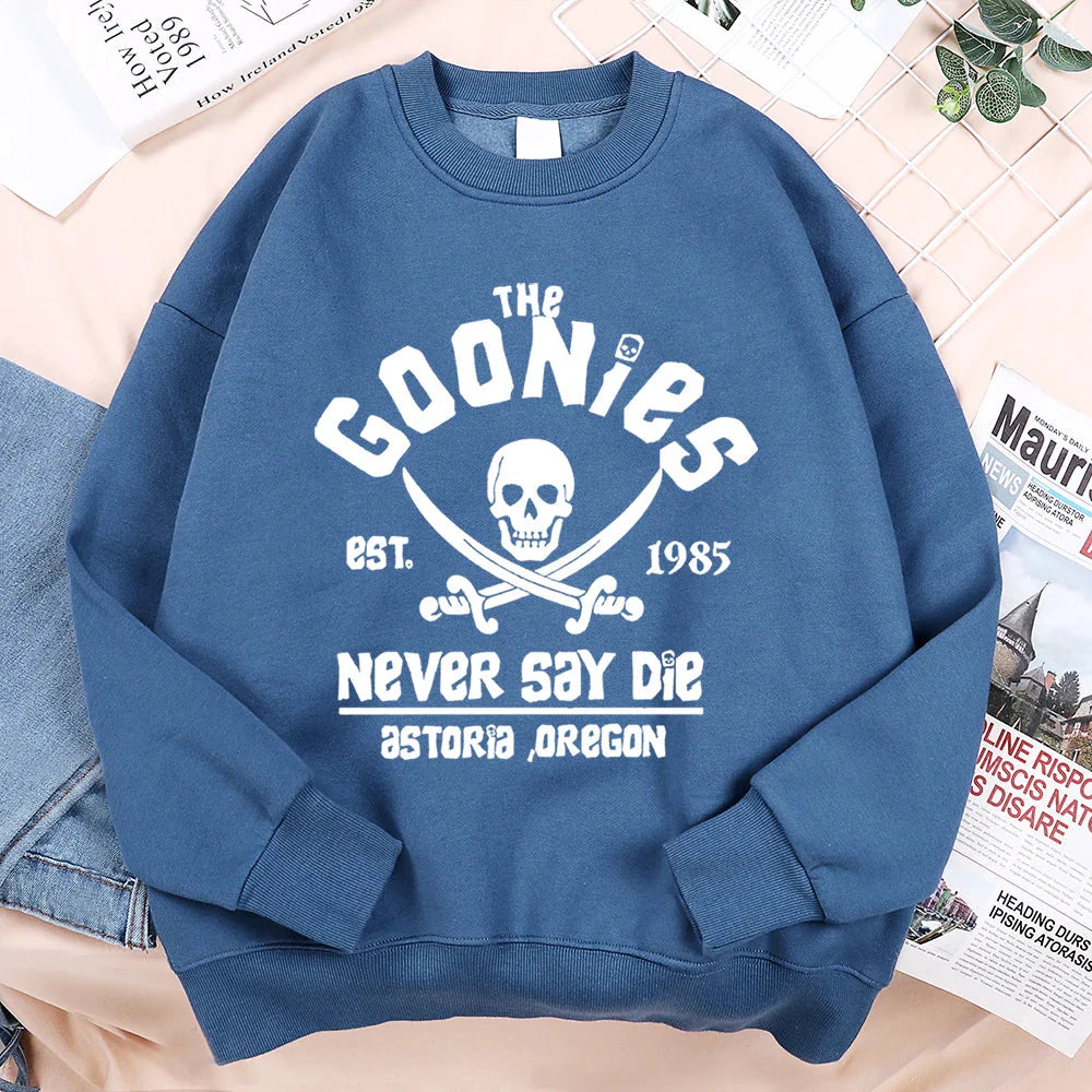Blue crewneck loose fleece sweatshirt with white the goonies graphic for menswear fashion fitness hoodie crewneck