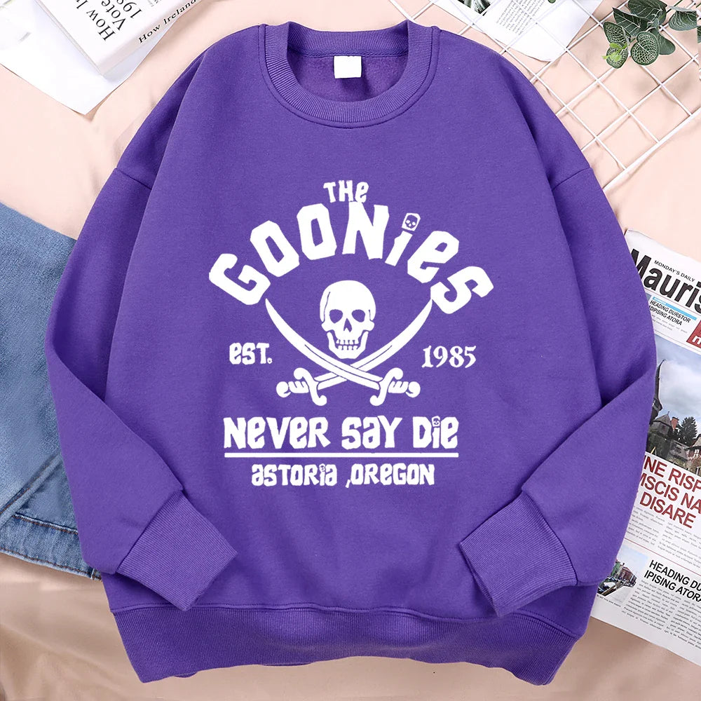 Purple loose fleece sweatshirt menswear fashion fitness hoodie crewneck with the goonies skull graphic and text design