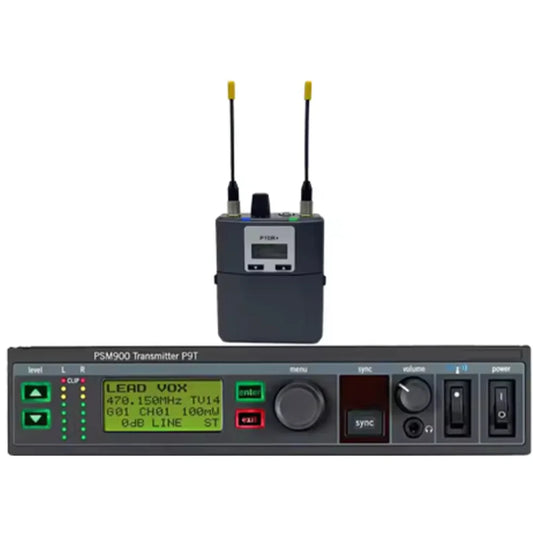 Black psm900 professional in-ear wireless monitoring transmitter with yellow antennas and digital frequency display for stage performances