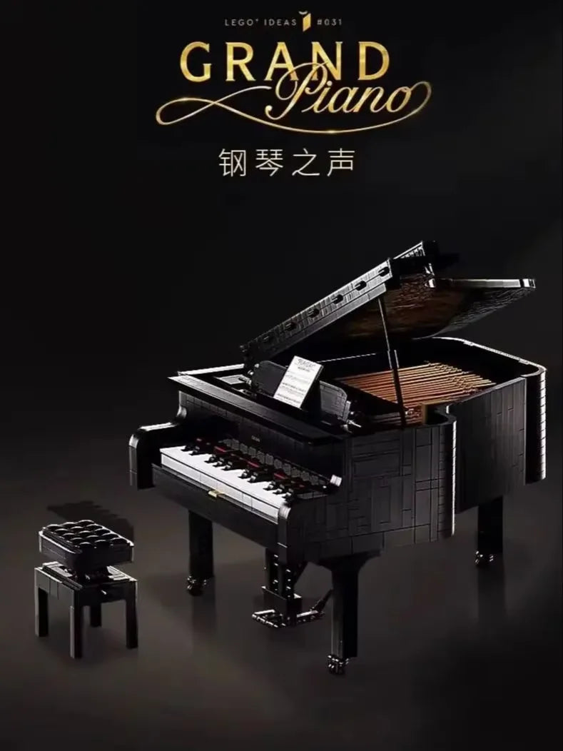 Black lego idea assembly block piano model with glossy finish open lid showing strings challenging adult model decor