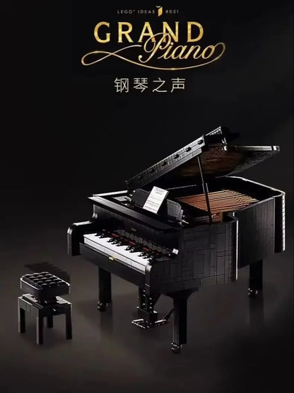 Black lego idea assembly block piano model with glossy finish open lid showing strings challenging adult model decor