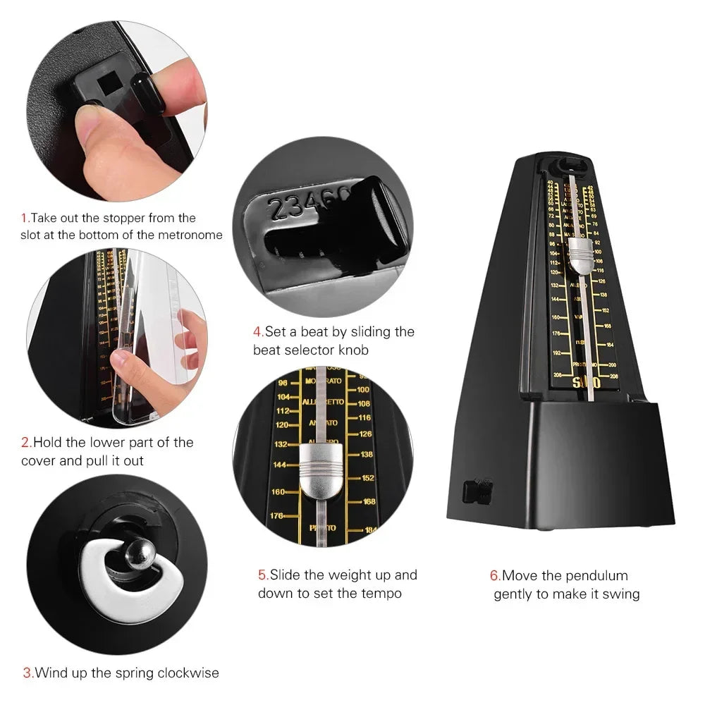 Black precision mechanical metronome with gold markings for guitar violin bass and type beat music practice