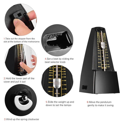 Black precision mechanical metronome with gold markings for guitar violin bass and type beat music practice