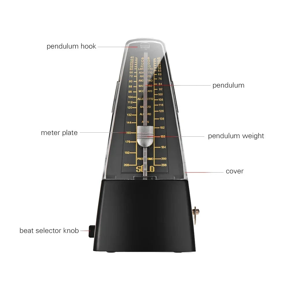 Black precision mechanical metronome with transparent cover and silver pendulum weight for guitar violin bass type beat music