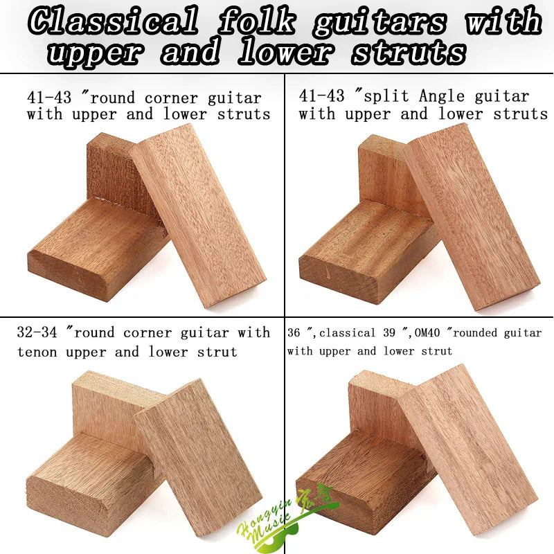 Light brown wooden upper and lower pillars for classical folk guitar support made of smooth auxiliary wood material