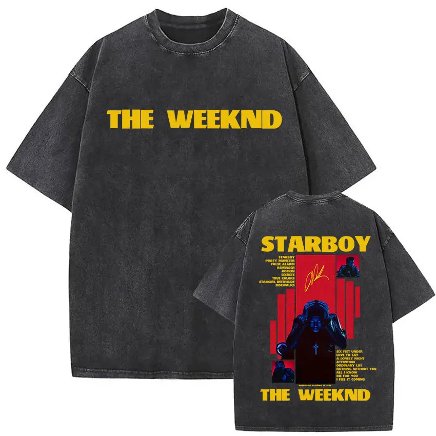 Black oversized t-shirt with bold yellow the weeknd text front and red black starboy graphic back for weeknd xo tour hip hop gothic clothing