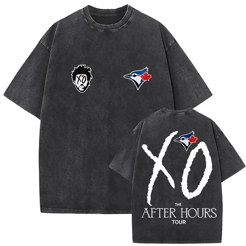 Black distressed cotton t-shirt with weeknd xo tour graphic and toronto blue jays logo for hip hop gothic clothing fans