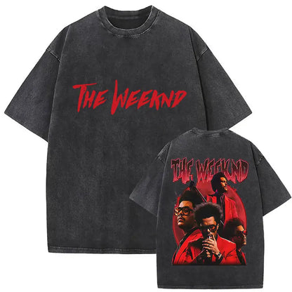 Black oversized t shirt with faded red the weeknd text and graphic print on back for weeknd xo tour hip hop gothic clothing