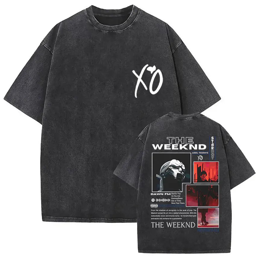 Black oversized t shirt with faded texture and weeknd xo tour dawn fm album art graphic on back for hip hop gothic clothing