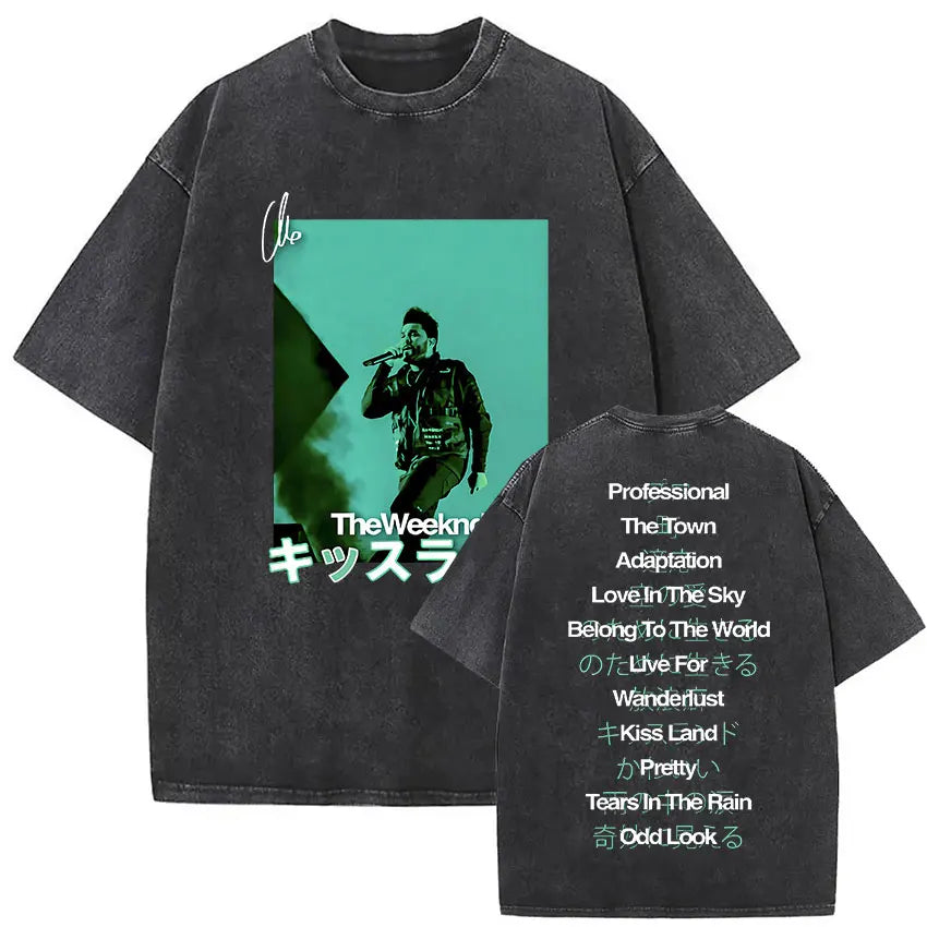 Black oversized weeknd xo tour t shirt with faded graphic teal background japanese text and song titles on back hip hop gothic clothing