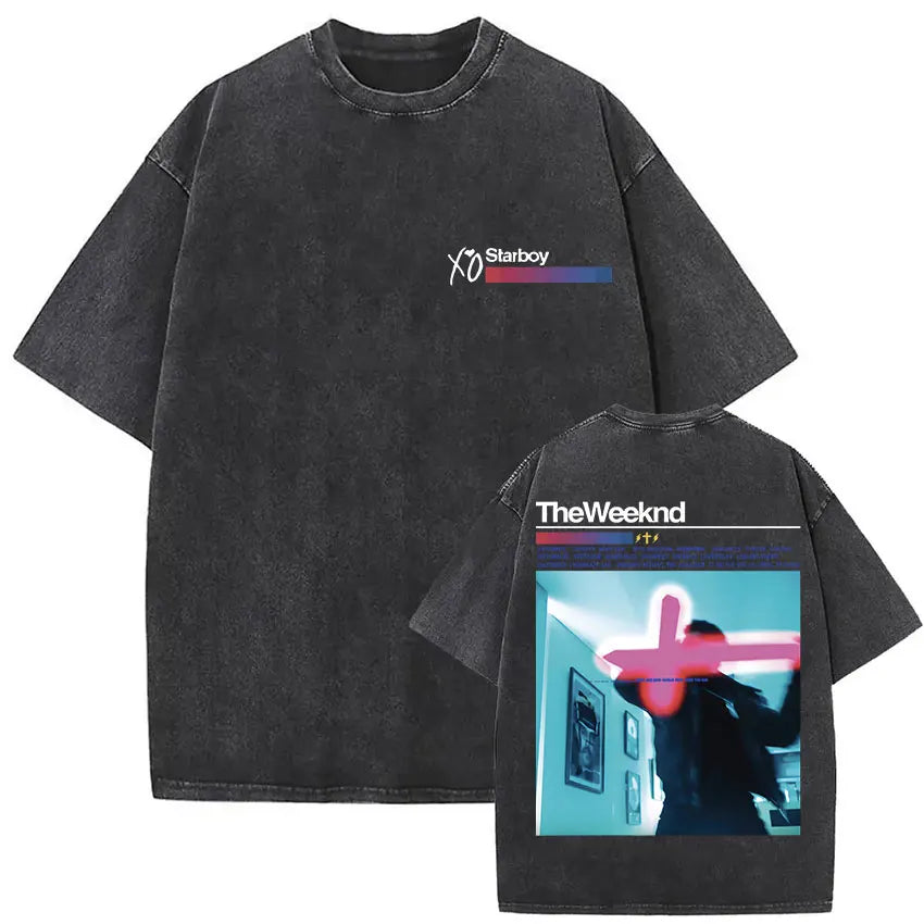 Black oversized weeknd xo tour t shirt featuring front print and neon pink cross graphic on back hip hop gothic clothing