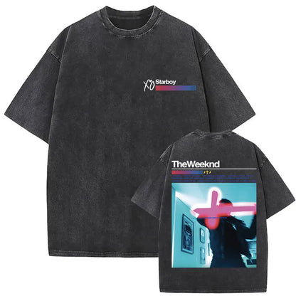 Black oversized weeknd xo tour t shirt featuring front print and neon pink cross graphic on back hip hop gothic clothing