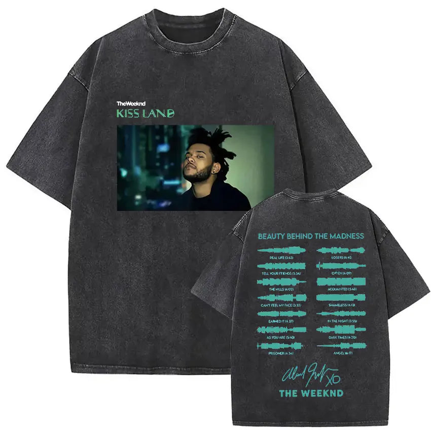 Black distressed cotton t shirt featuring the weeknd kiss land graphic and teal back tracklist for hip hop gothic clothing