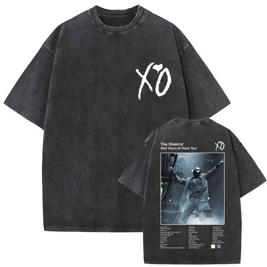 Black oversized t shirt with white xo logo and the weeknd xo tour 2025 graphic for hip hop gothic clothing fans