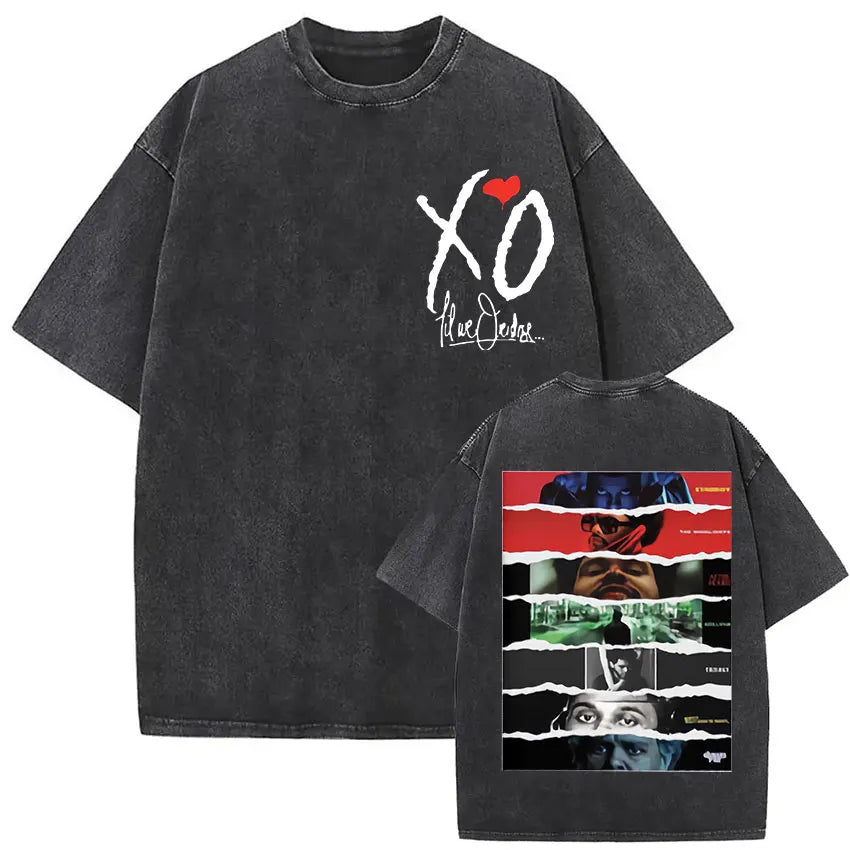 Black distressed cotton t shirt featuring white xo logo red heart and torn paper back design for weeknd xo tour hip hop gothic clothing