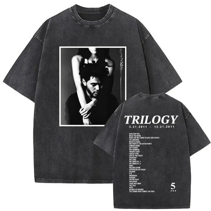 Black oversized t shirt featuring a black and white photo and trilogy tracklist on back for weeknd xo tour hip hop gothic clothing