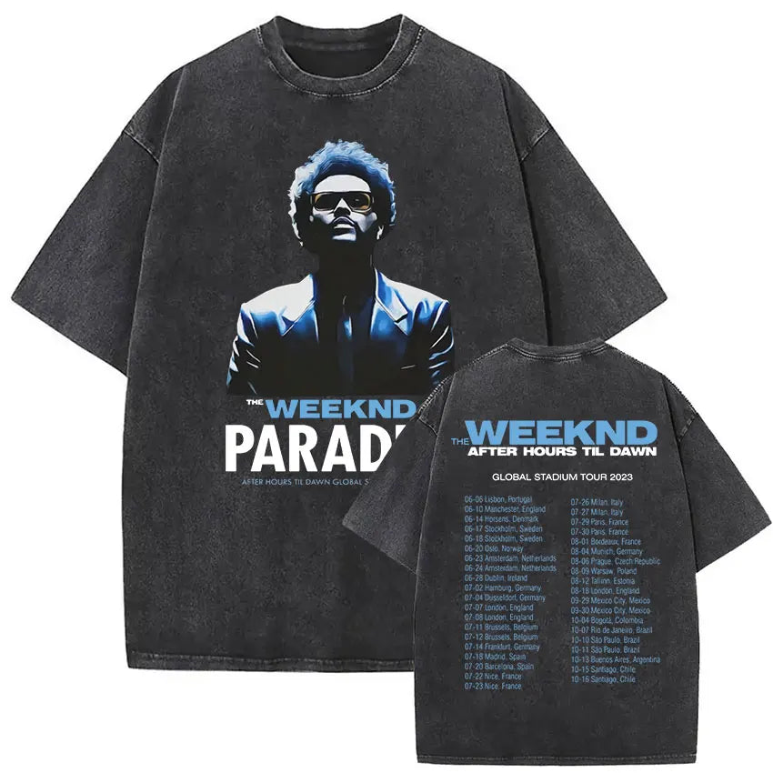Black distressed cotton t-shirt featuring a blue the weeknd graphic and 2023 tour dates for weeknd xo tour hip hop gothic clothing
