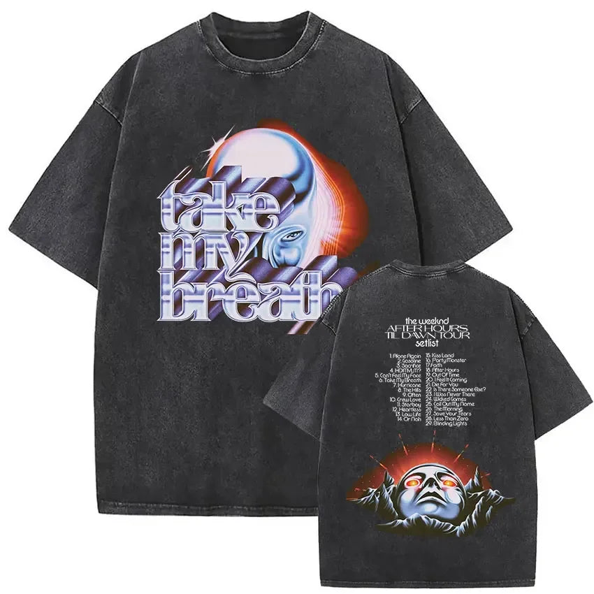 Black oversized cotton t shirt with weeknd xo tour graphic print and back setlist for hip hop gothic clothing fans