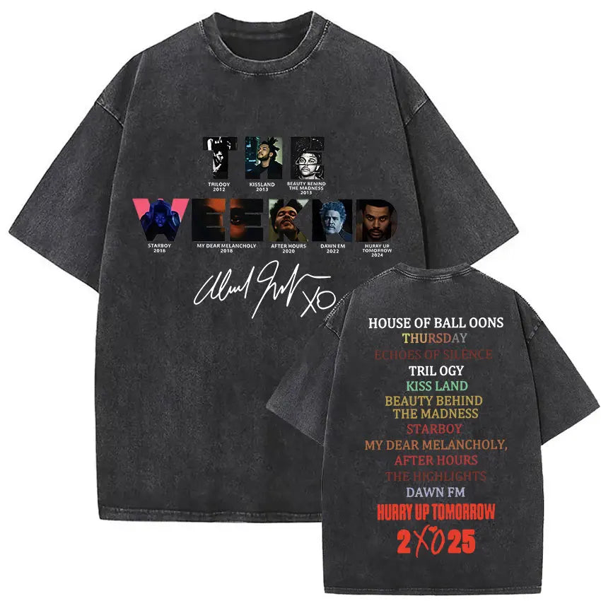 Black distressed cotton t-shirt featuring the weeknd xo tour graphic print with signature in hip hop gothic clothing style