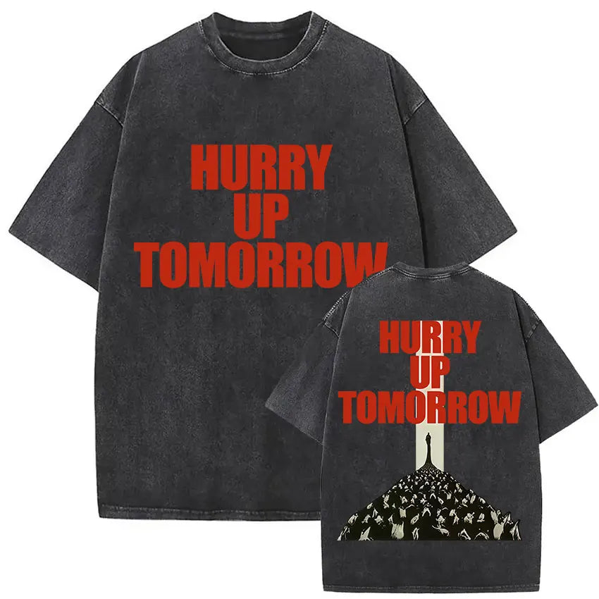 Back of black oversized weeknd xo tour 2025 vintage washed t shirt with bold red hurry up tomorrow text and hill graphic in hip hop gothic clothing