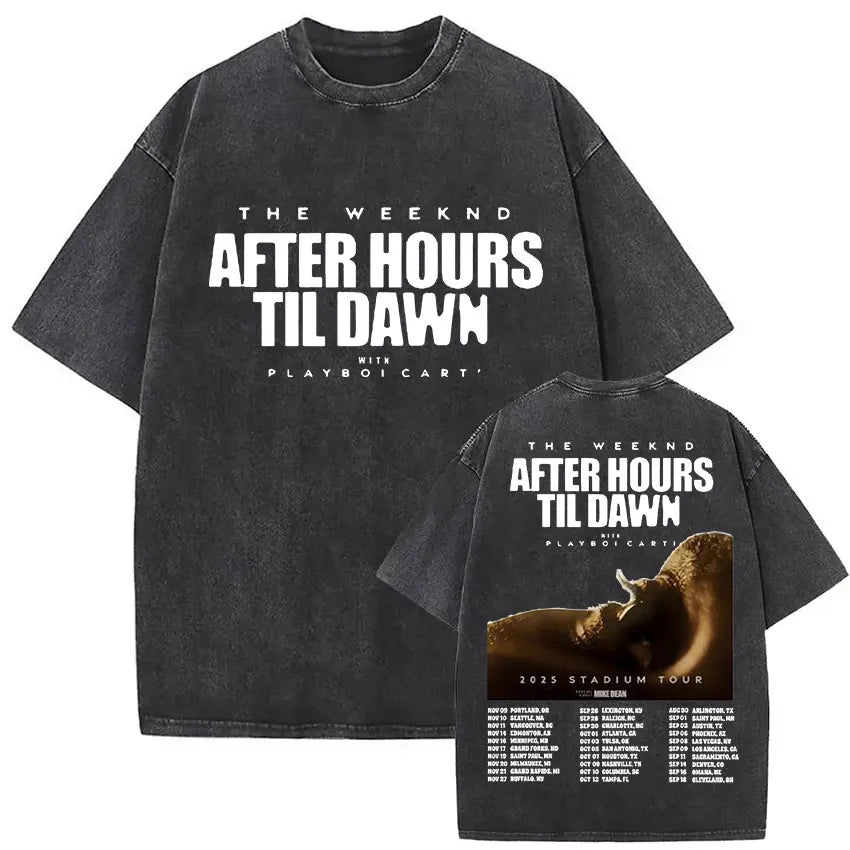 Black oversized cotton t-shirt with white after hours til dawn tour print featuring playboi carti for weeknd xo tour hip hop gothic clothing