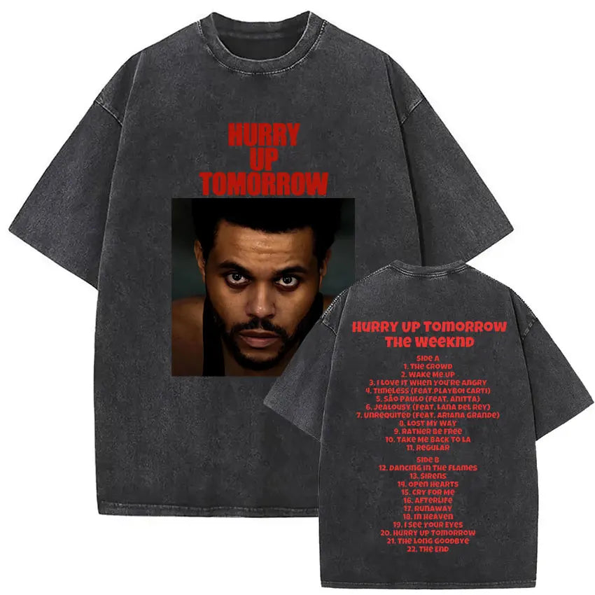Dark gray oversized cotton t shirt with distressed weeknd xo tour print and bold red album title for hip hop gothic clothing