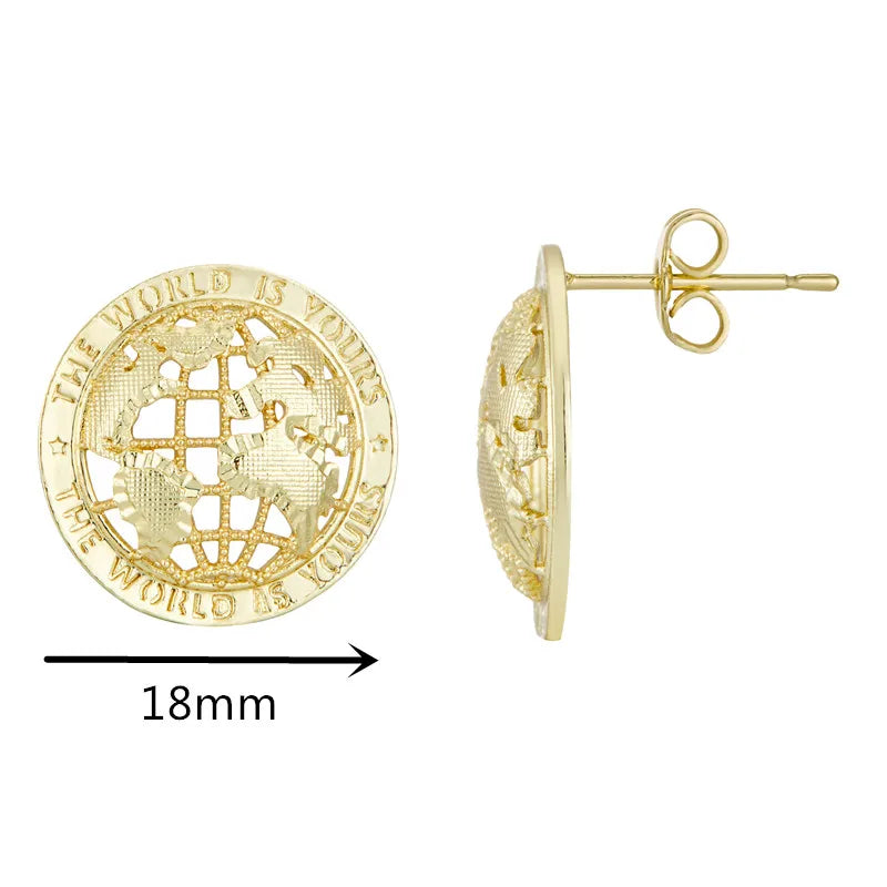 Gold-toned 14k gold plated round nugget stud earrings with globe design and the world is yours engraving for hip hop style