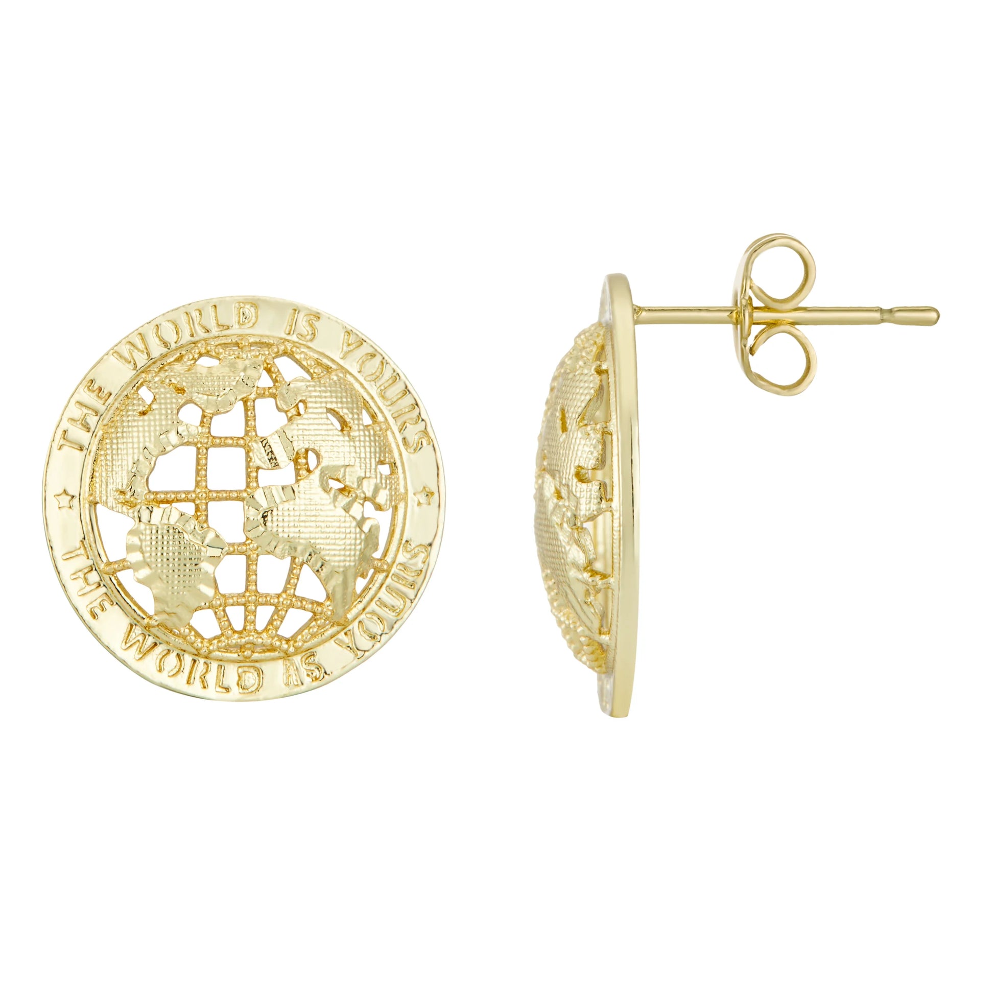 Gold-toned 14k gold plated stud earrings with intricate globe design and the world is yours engraving for hip hop style